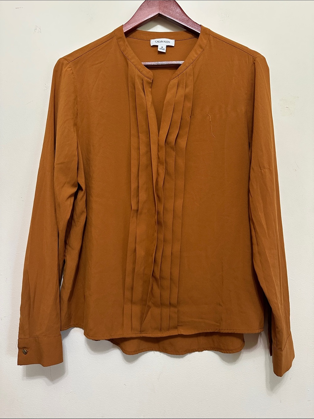 Calvin Klein Rust Pintuck V-Neck Long-Sleeve Blouse